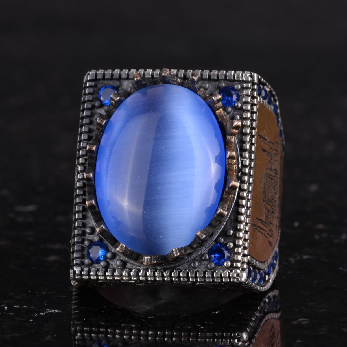 925 Sterling Silver Islamic Ring, Synthetic Stone Ring, Handmade Calligraphy Ring (Synthetic Blue Stone) — 6