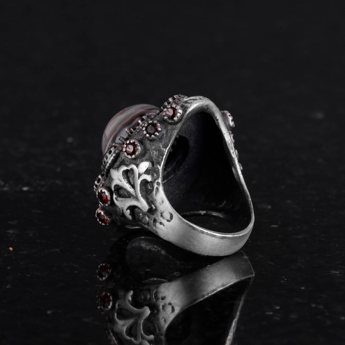 Natural Yemen Agate and Garnet Stone Ring - Sultan Ring - 925 Sterling Silver — 6