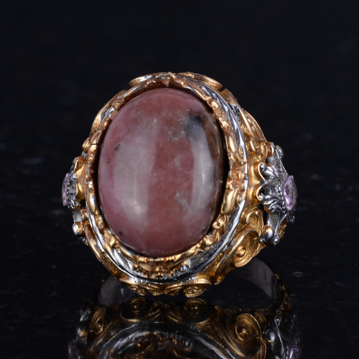 KAMBO Genuine Natural Stone Ring - Men's Sultan Ring - Gold Plated 925 Sterling Silver Ring - Handmade Ring (Rhodonite) — 6