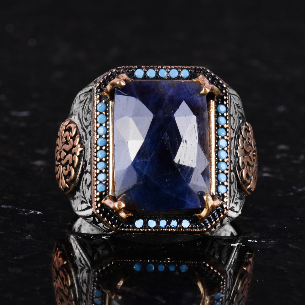 Natural Sapphire Stone Ring, Rectangular Design - 925 Sterling Silver Men's Ring, Handmade Elegance — 4