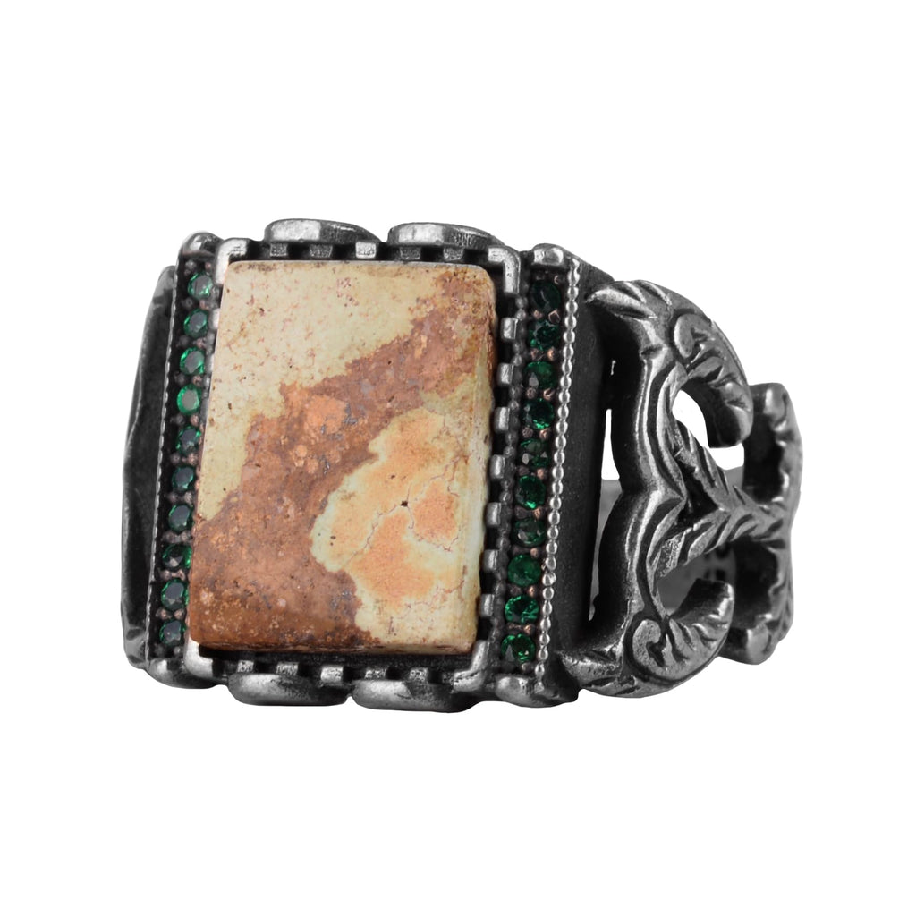 KAMBO Natural Arizona Turquoise 925 Sterling Silver Men's Ring – Rectangular Stone Ottoman Style Engraved Design (Style-2)