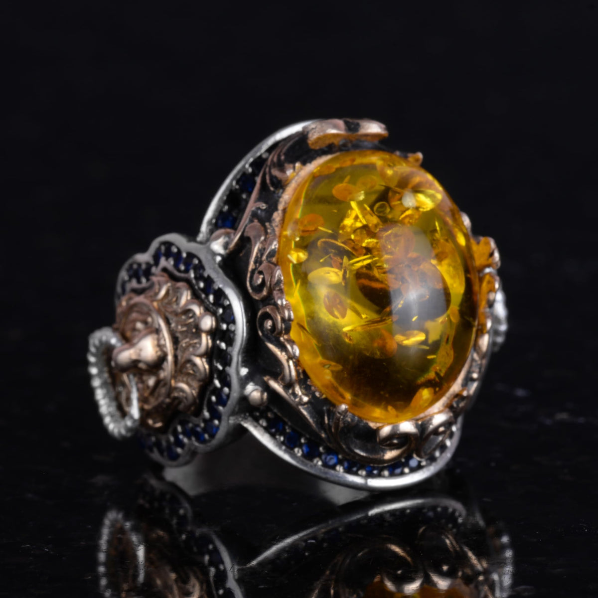 Honey Amber Artificial Stone Ring | Stylish Handcrafted 925 Sterling Silver Men's Ring — 3
