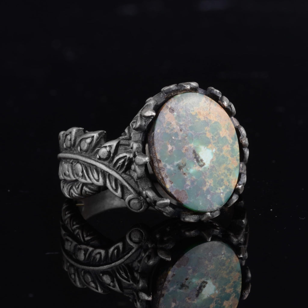 KAMBO Antique Design Green Turquoise Stone Ring - Handmade 925 Sterling Silver Men's Statement Ring (Style-2) — 5