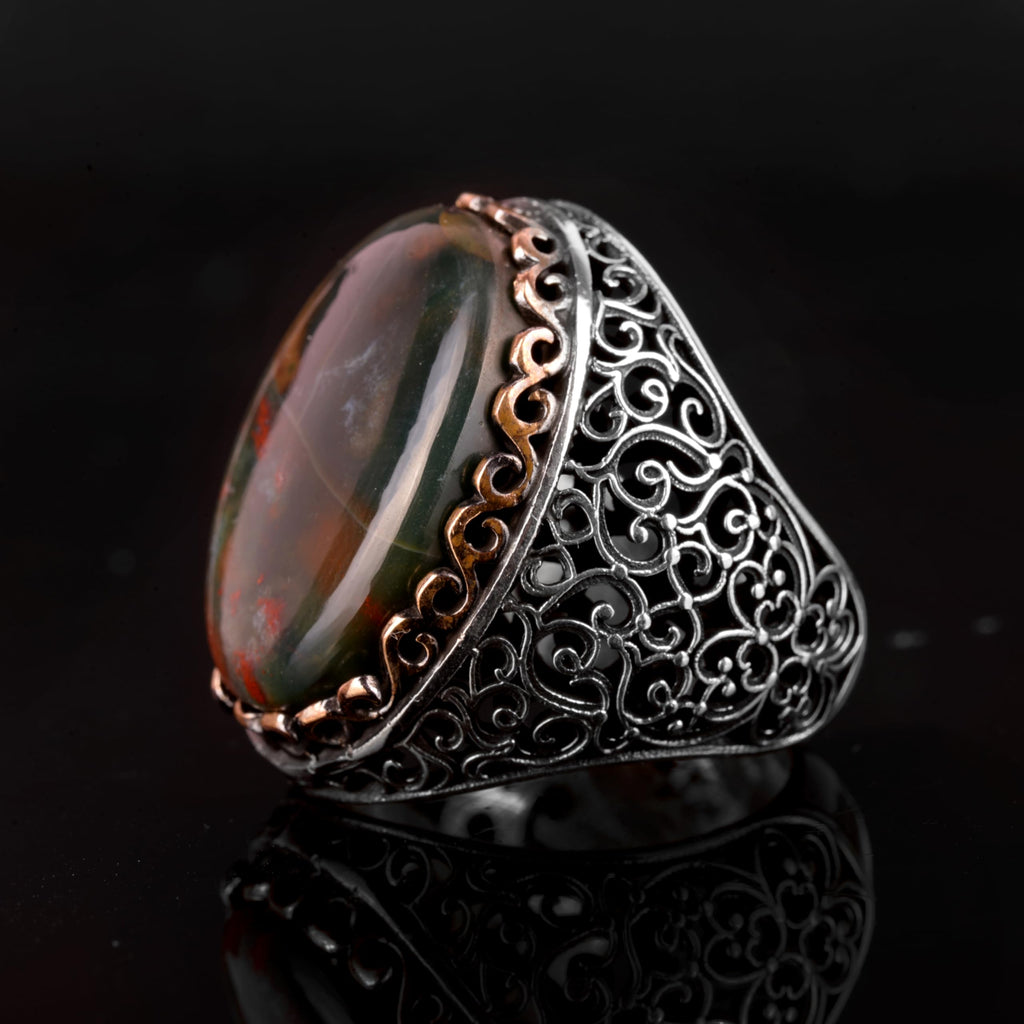 Natural Bloodstone Ring, 925 Sterling Silver Men's Ring — 5