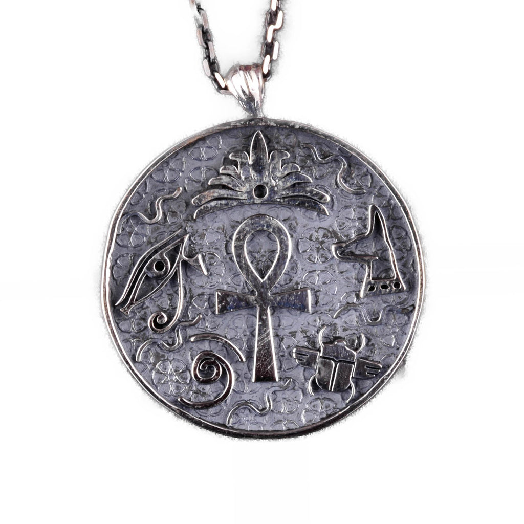 925 Sterling Silver Antique Egyptian Symbol Pendant - Handmade Ankh, Eye of Horus, and Scarab