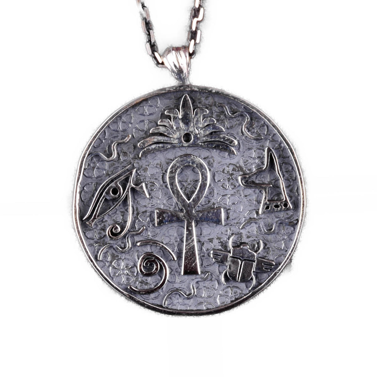 925 Sterling Silver Antique Egyptian Symbol Pendant - Handmade Ankh, Eye of Horus, and Scarab