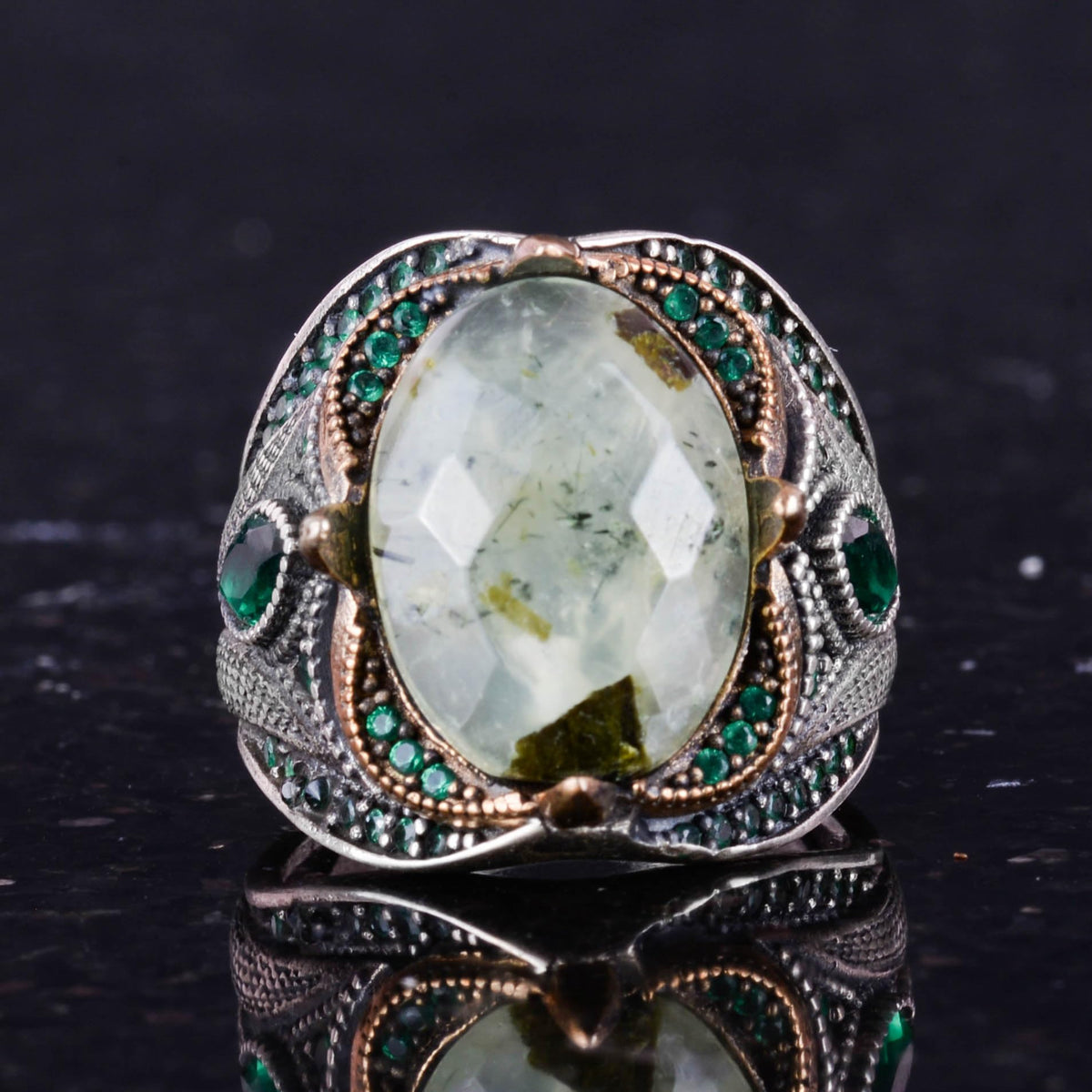 Natural Prehnite Jade Stone Ring - Designer Silver Men's Ring - 925 Sterling Silver Handmade Jewelry — 5