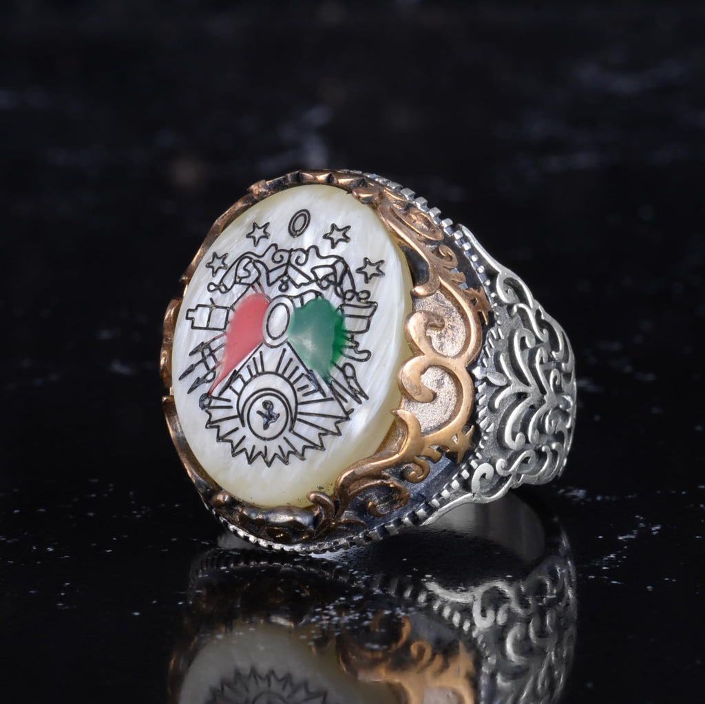 KAMBO Natural Pearl Stone Ottoman Empire Emblem Ring Men's 925 Sterling Silver Bronze Detailed Handmade Statement Ring — 5