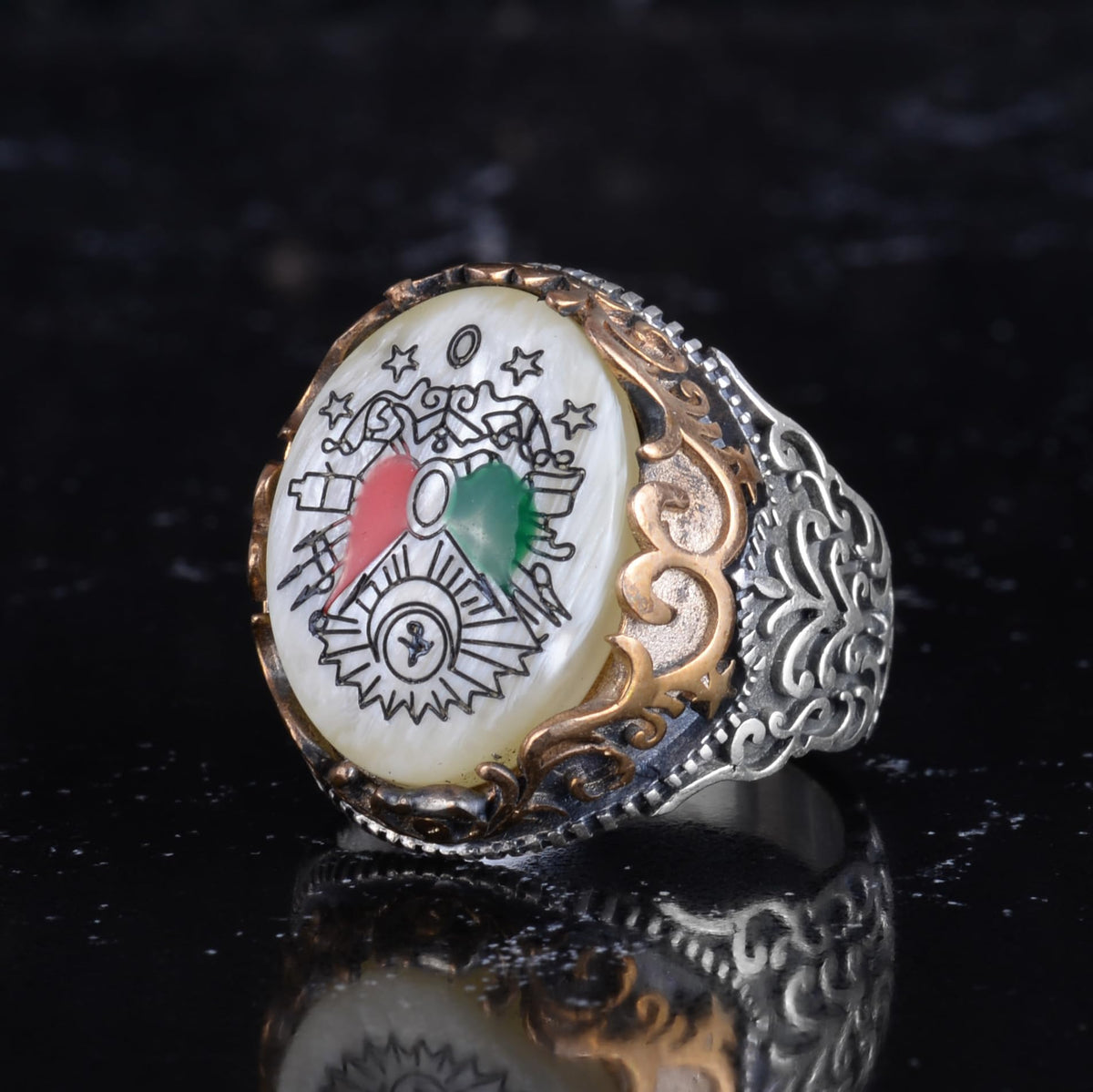 KAMBO Natural Pearl Stone Ottoman Empire Emblem Ring Men's 925 Sterling Silver Bronze Detailed Handmade Statement Ring — 5