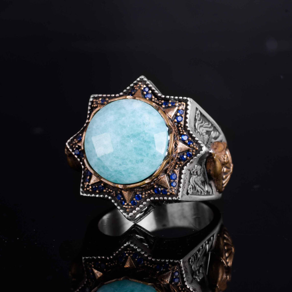 KAMBO 925 Sterling Silver Men's Natural Stone Ring – Warrior Helmet Motif Handmade Star Frame – Protective Spiritual Jewelry (Amazonite) — 5