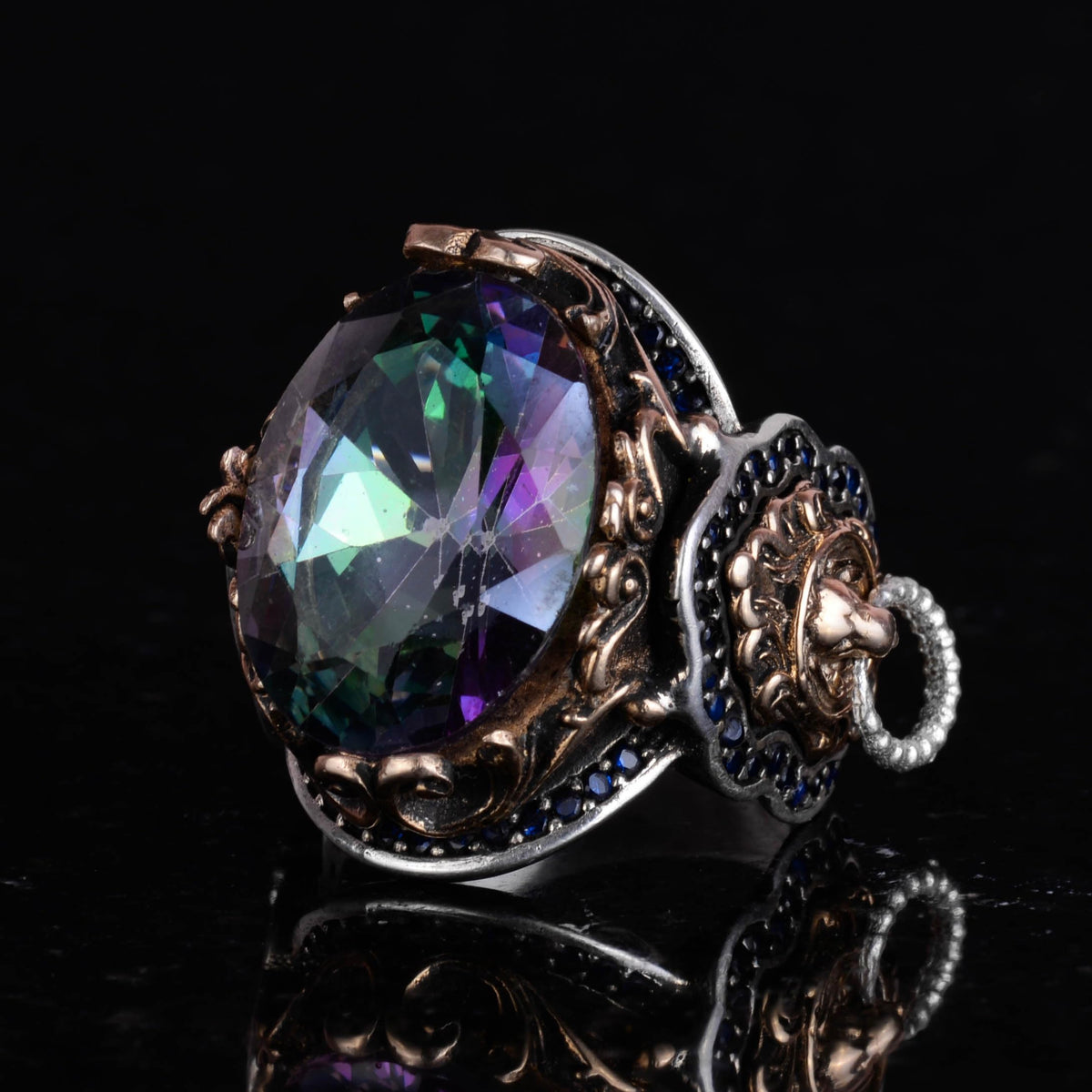 Artificial Mystic Topaz Stone Ring, Lion Head Men's Ring, 925 Sterling Silver Ring, Designer Silver Men's Ring — 5