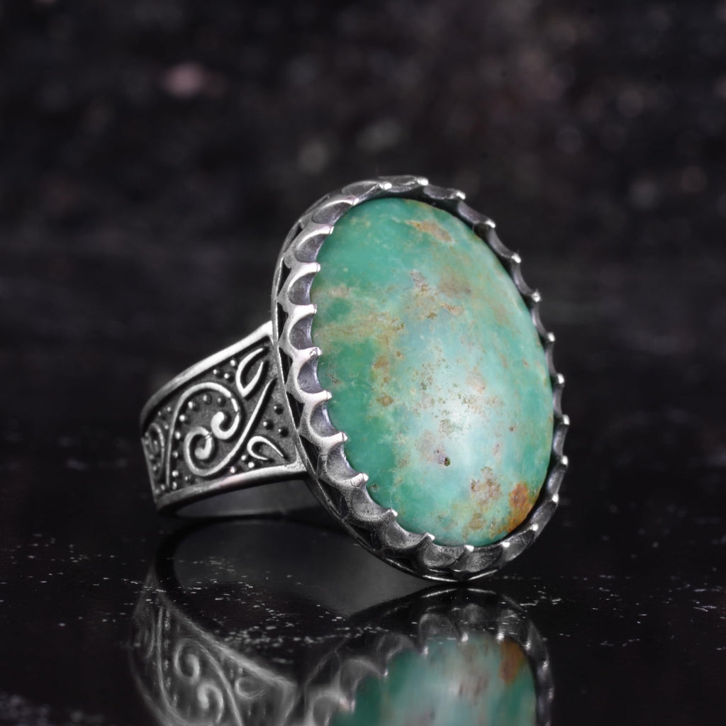 KAMBO Natural Turquoise Stone Men's Ring 925 Sterling Silver Oval Large Ring Handmade Vintage Ottoman Style Ring — 6