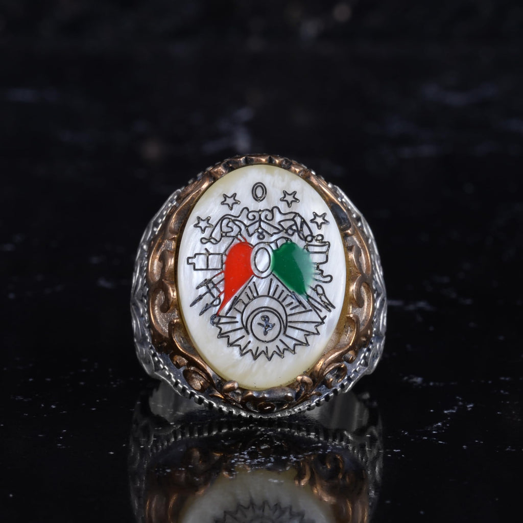 KAMBO Natural Pearl Stone Ottoman Empire Emblem Ring Men's 925 Sterling Silver Bronze Detailed Handmade Statement Ring — 4
