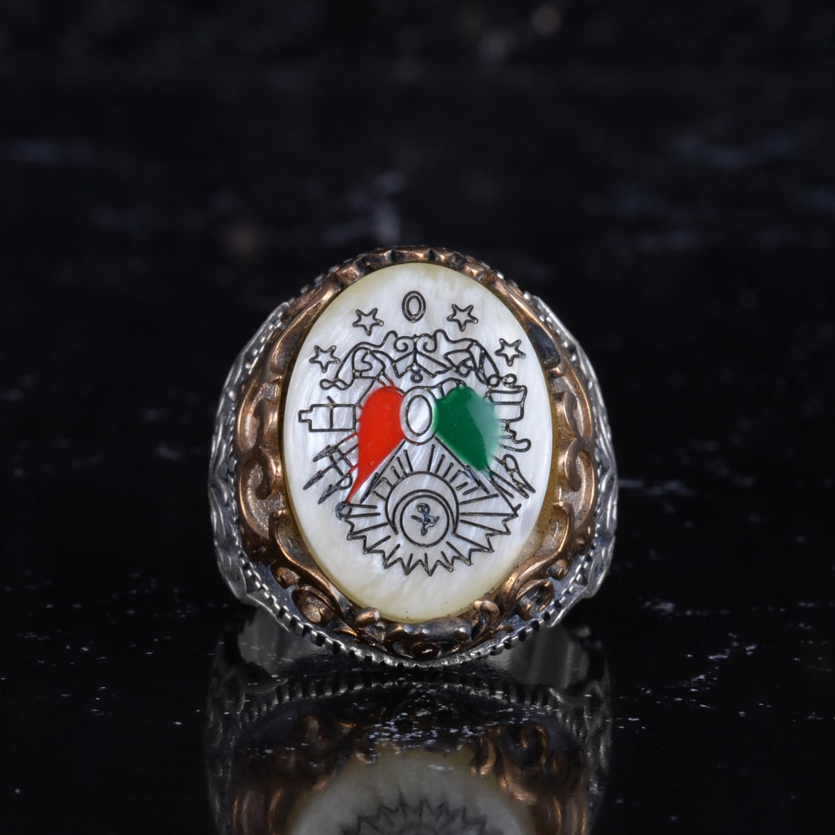 KAMBO Natural Pearl Stone Ottoman Empire Emblem Ring Men's 925 Sterling Silver Bronze Detailed Handmade Statement Ring — 4