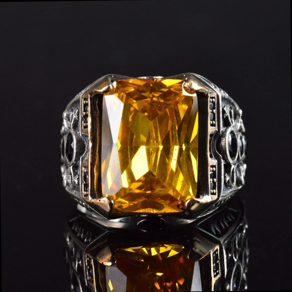 925 Sterling Silver Men's Ring with Natural Citrine Stone, Men's Ring with Citrine Stone, Handcrafted Carved Men's Silver Ring, Turkish Silver — 7