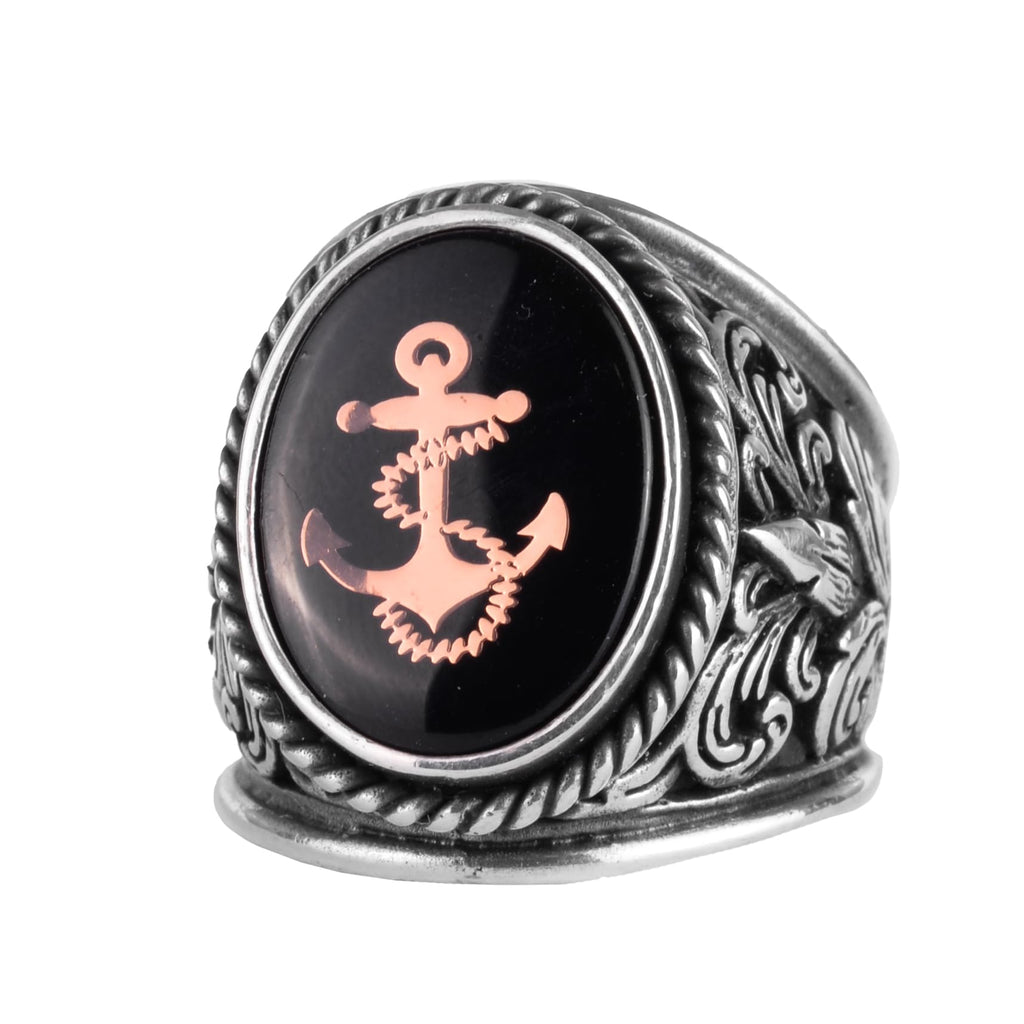 KAMBO Anchor Symbol Men's Ring – Nautical Anchor Engraved 925 Sterling Silver Oval Seal Ring – Sailor Marine Style Statement Jewelry