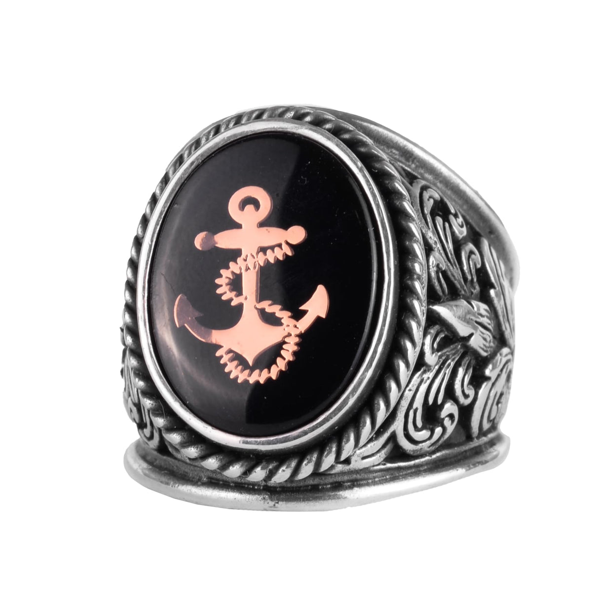 KAMBO Anchor Symbol Men's Ring – Nautical Anchor Engraved 925 Sterling Silver Oval Seal Ring – Sailor Marine Style Statement Jewelry