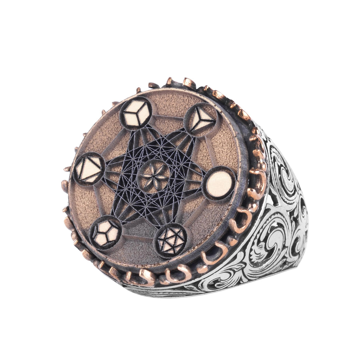 KAMBO Large Men's Ring – 925 Sterling Silver Handmade Ring – Round Ottoman Style Amulet Statement Ring – Vintage Artisan Men's Jewelry (Sacred Geometry Metatron Cube)