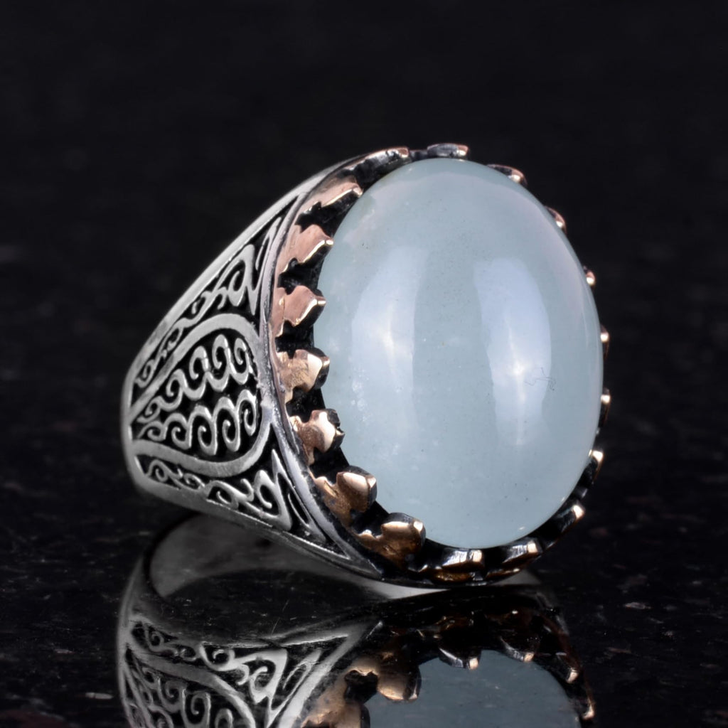 925 Sterling Silver Men's Ring - Handmade Elegance with Natural Stone (Cabochon Aquamarine) — 4