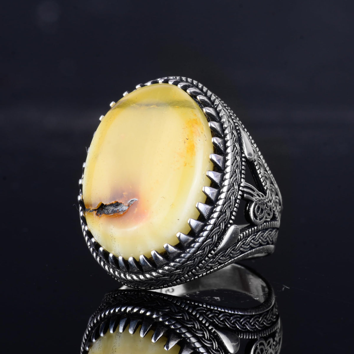 KAMBO Ottoman Tugra Design Natural Amber Stone Ring - 925 Sterling Silver Handmade (Model-7) — 5