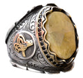 Handmade 925 Sterling Silver Men's Ring with Real Yellow Sapphire Stone - Ottoman Seal Ring Design