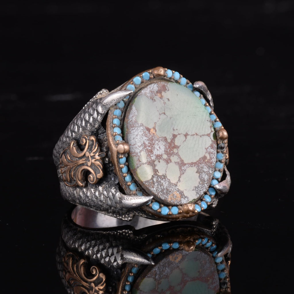 KAMBO Raw Turquoise Oval Stone Claw Setting – Bronze Detailed Silver Artisan Men's Statement Accessory (G) — 6