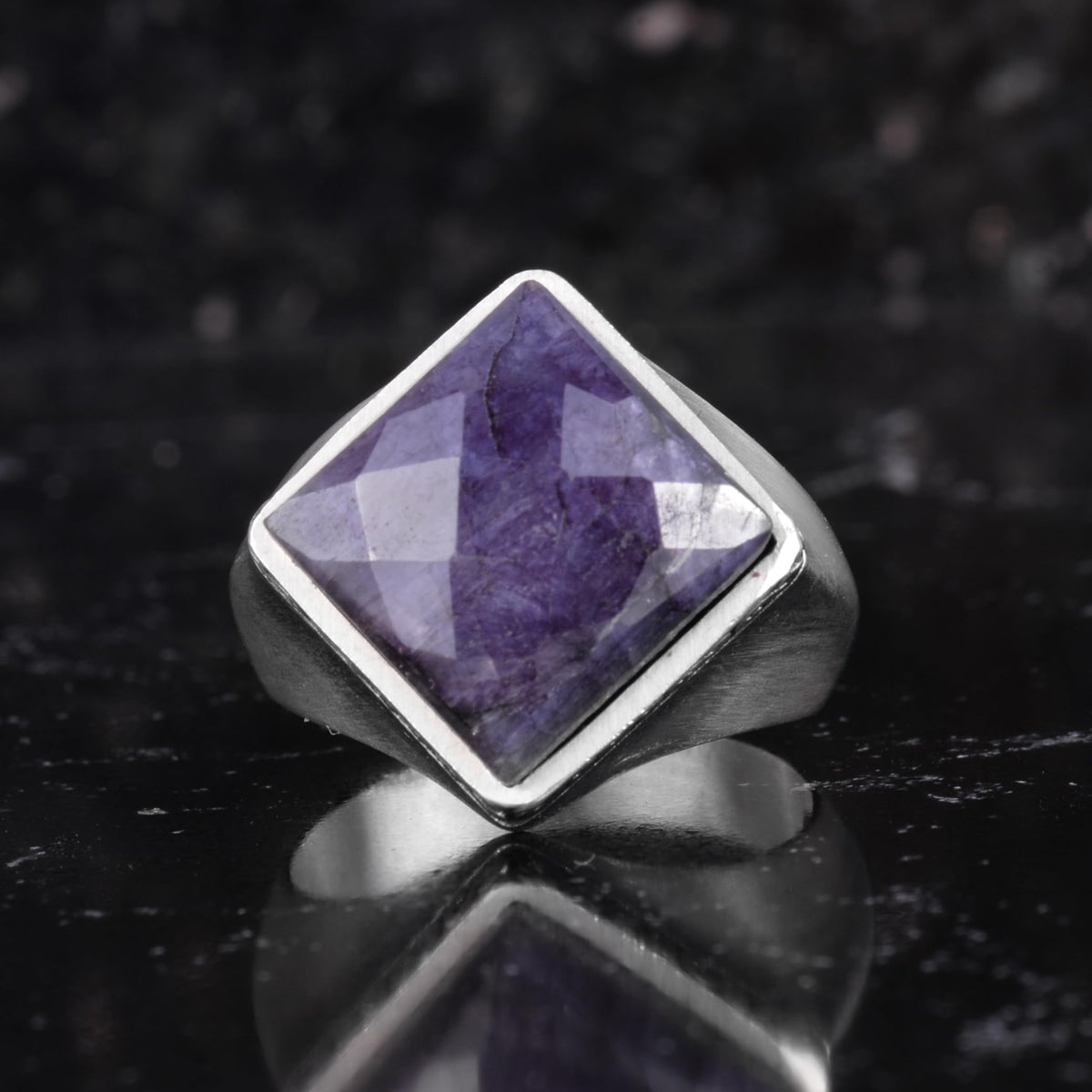 KAMBO Natural Stone Men's Ring 925 Sterling Silver – Square Cut Stone Handmade Minimalist Statement Ring (Amethyst) — 4