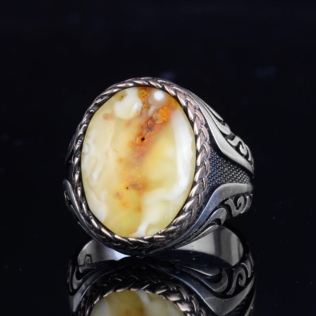 KAMBO Men's Natural Baltic Amber Stone Ring – 925 Sterling Silver Handmade Statement Ring – Authentic Amber Jewelry with Ottoman Style Details (Style-8) — 5