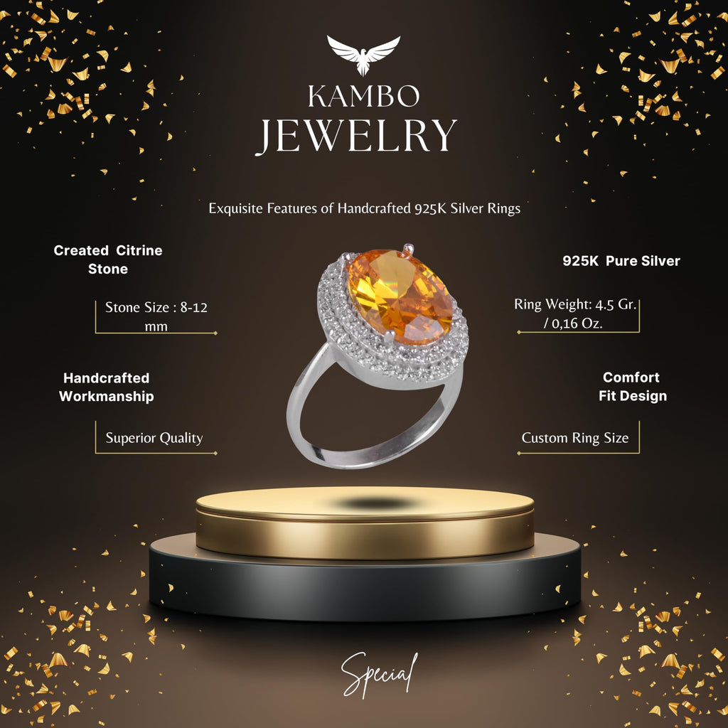 Kambo 925 Sterling Silver Women's Ring – Handmade Ring with Synthetic Stone, Elegant Oval Cut (Synthetic Citrine) — 2