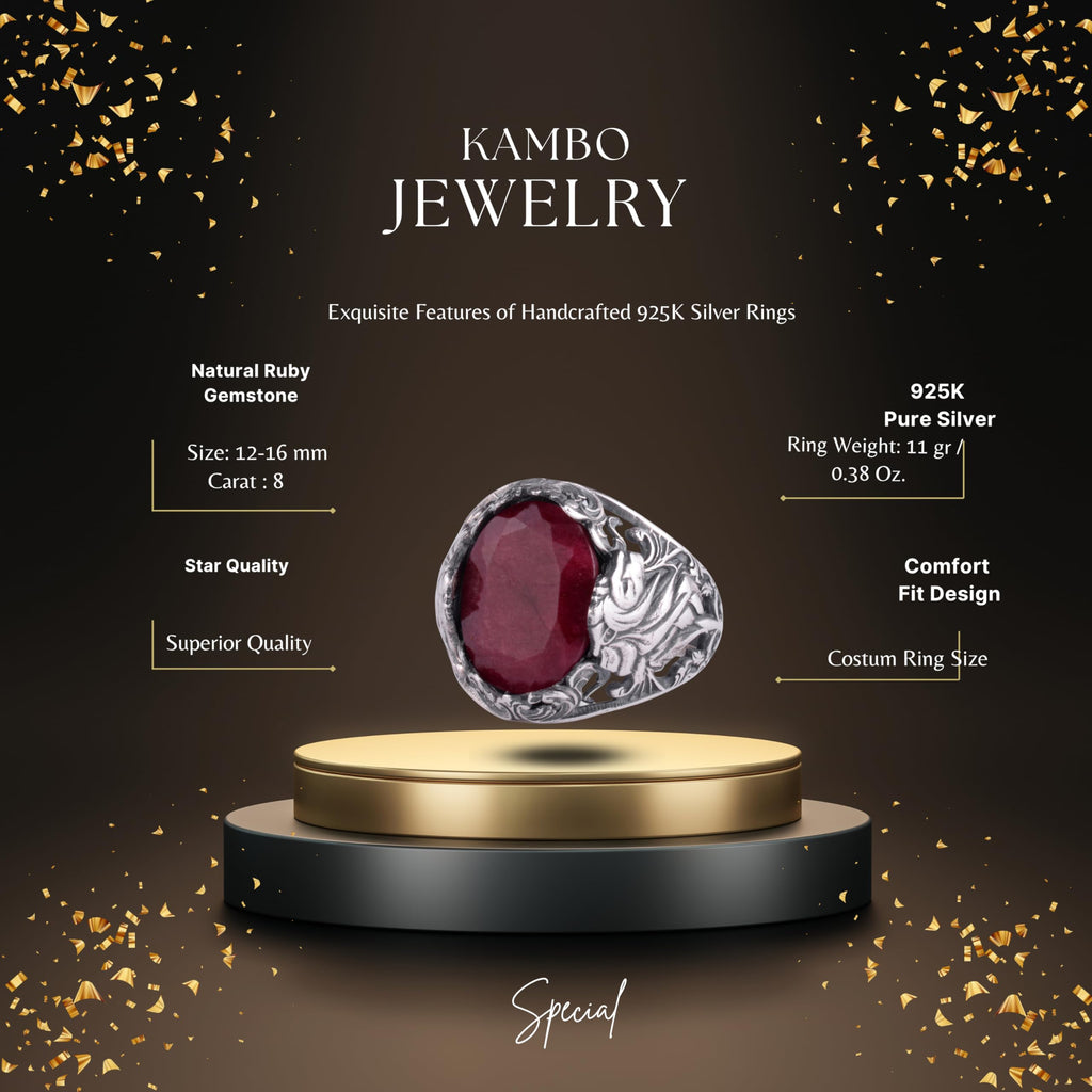 KAMBO Natural Stone Men's Ring 925 Sterling Silver - Large Flower Engraved Statement Ring - Handmade Vintage Ring for Men (Ruby) — 2