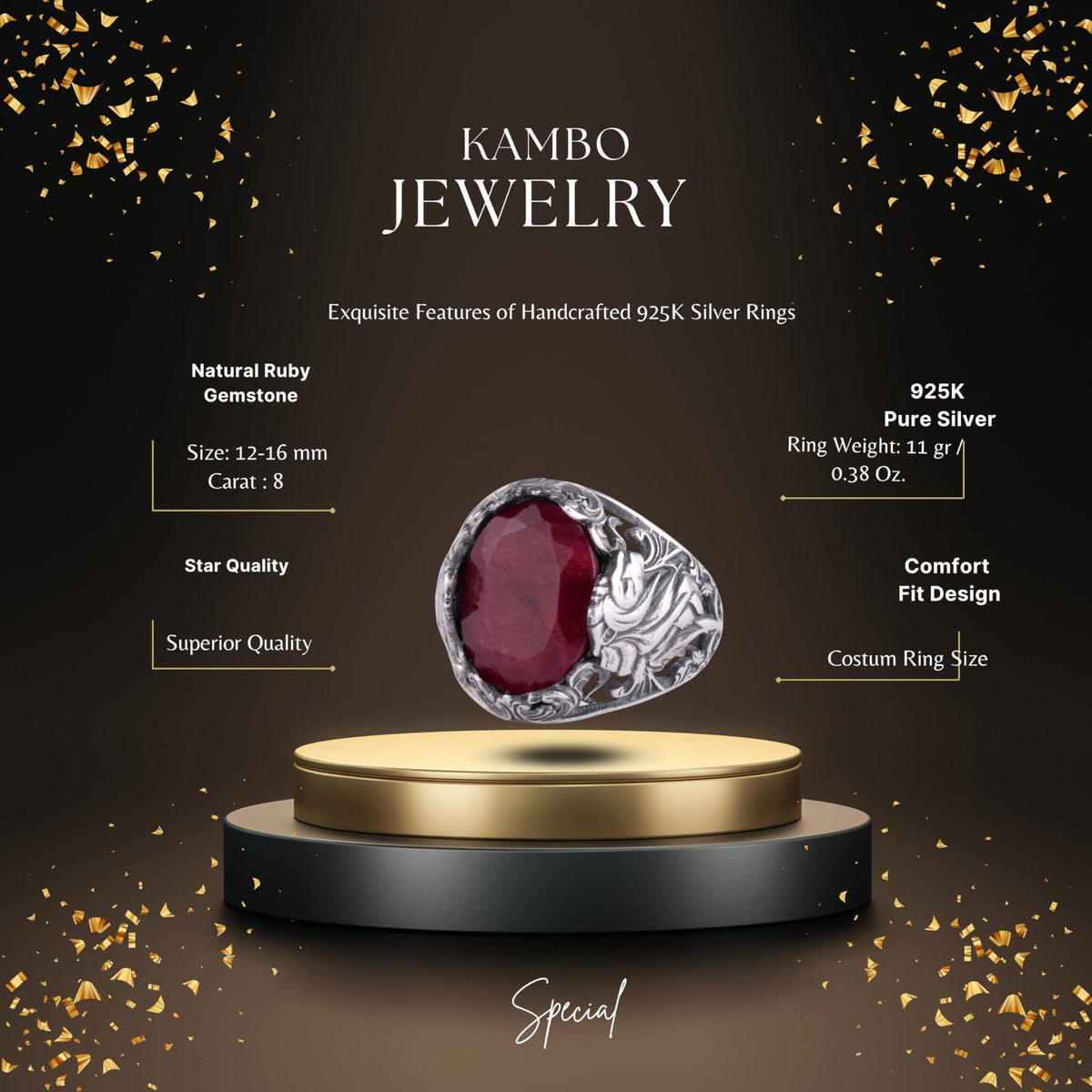 KAMBO Natural Stone Men's Ring 925 Sterling Silver - Large Flower Engraved Statement Ring - Handmade Vintage Ring for Men (Ruby) — 2
