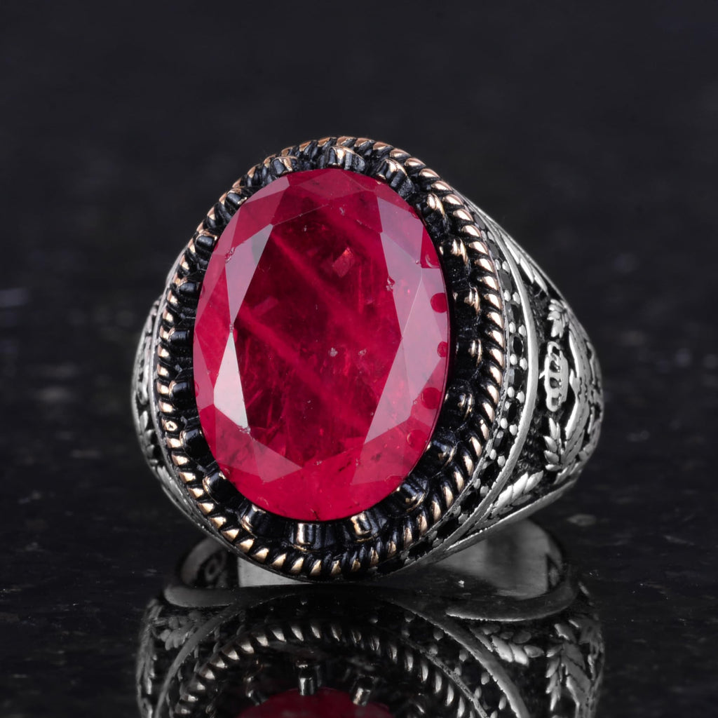 Kambo Eagle Symbol 925 Sterling Silver Men's Ring – Synthetic Red Paraiba Stone, Handcrafted — 5