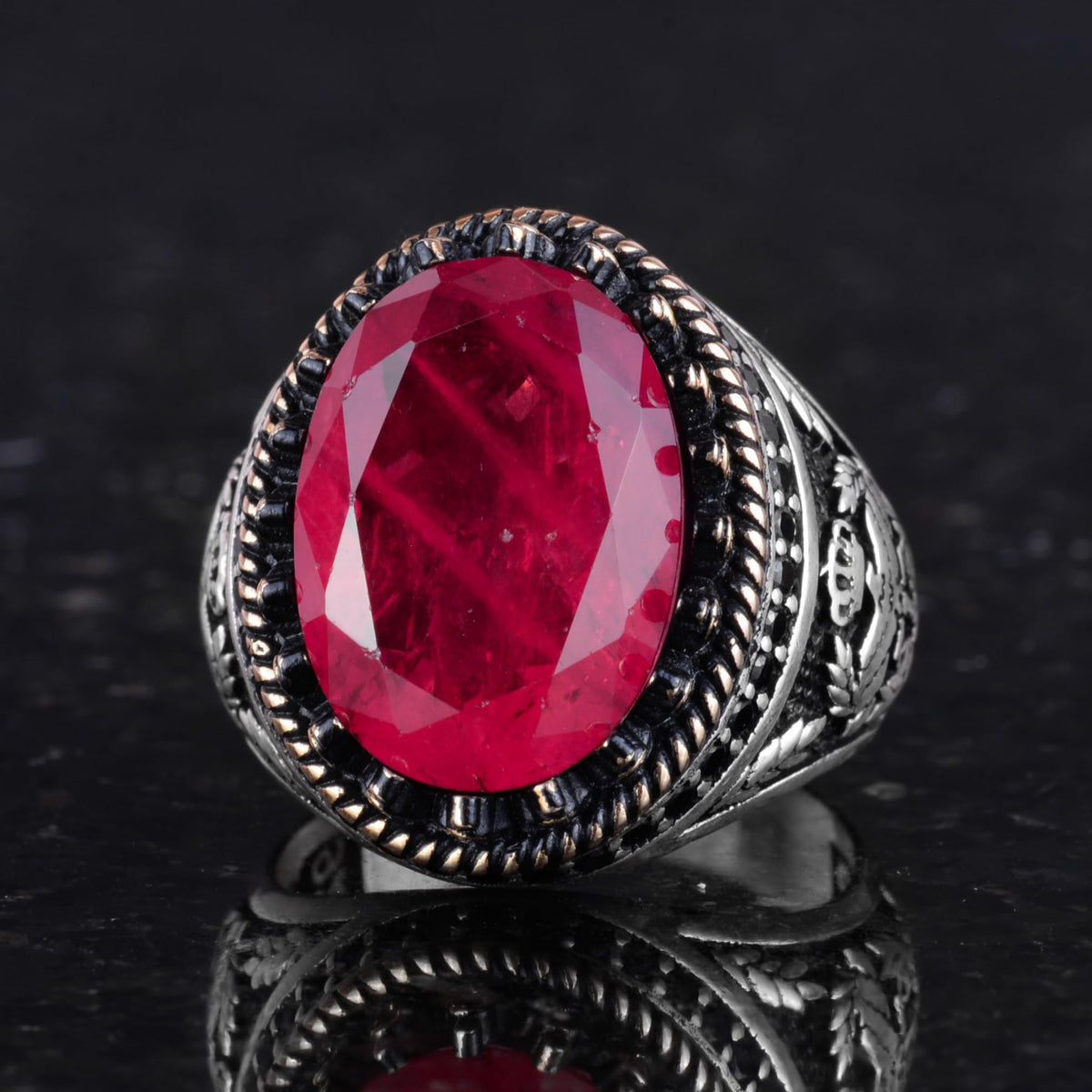 Kambo Eagle Symbol 925 Sterling Silver Men's Ring – Synthetic Red Paraiba Stone, Handcrafted — 5