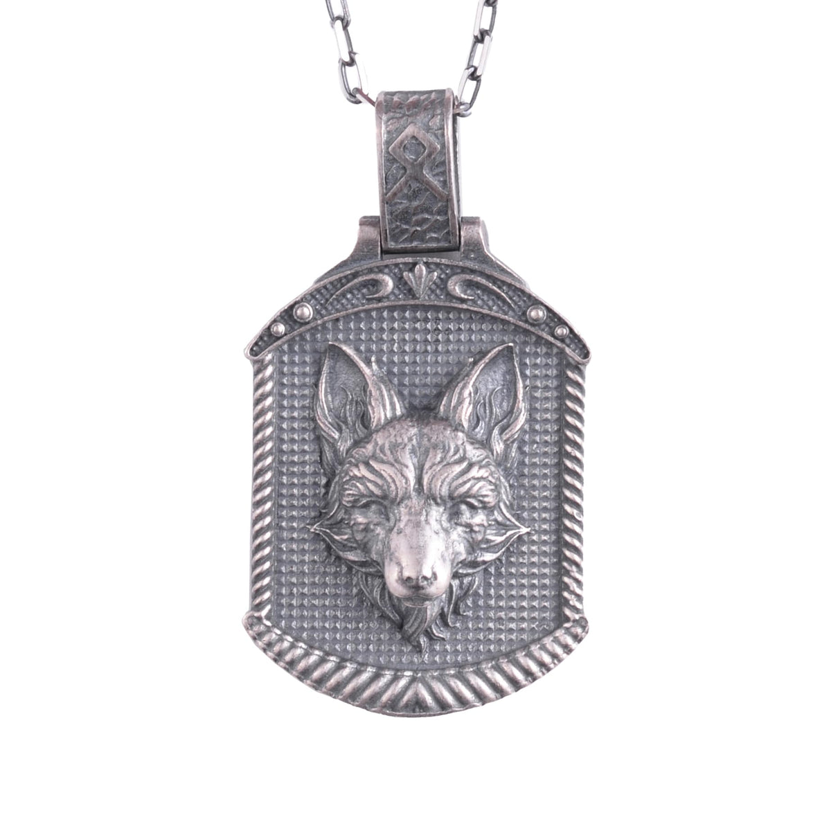 KAMBO 925 Sterling Silver Wolf Head Necklace – Handmade Silver Chain Scandinavian Shield Amulet Necklace – Symbol of Strength and Loyalty