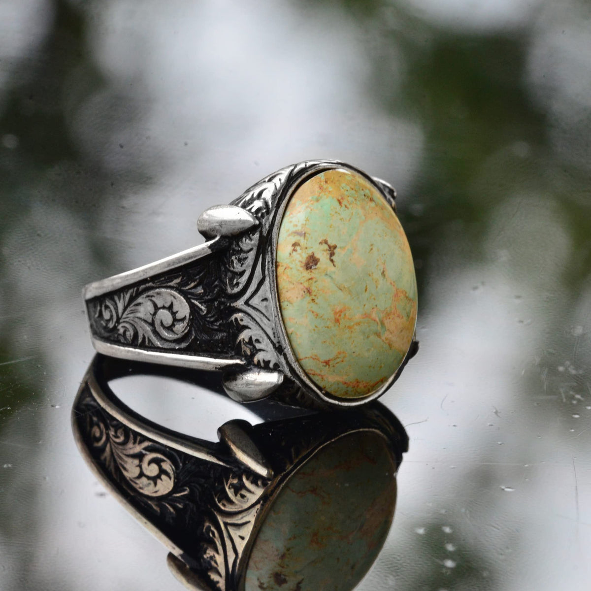 KAMBO Handmade Men's Turquoise Ring in 925 Sterling Silver, Classic Vintage Style-2 Design, Statement Healing Crystal Je