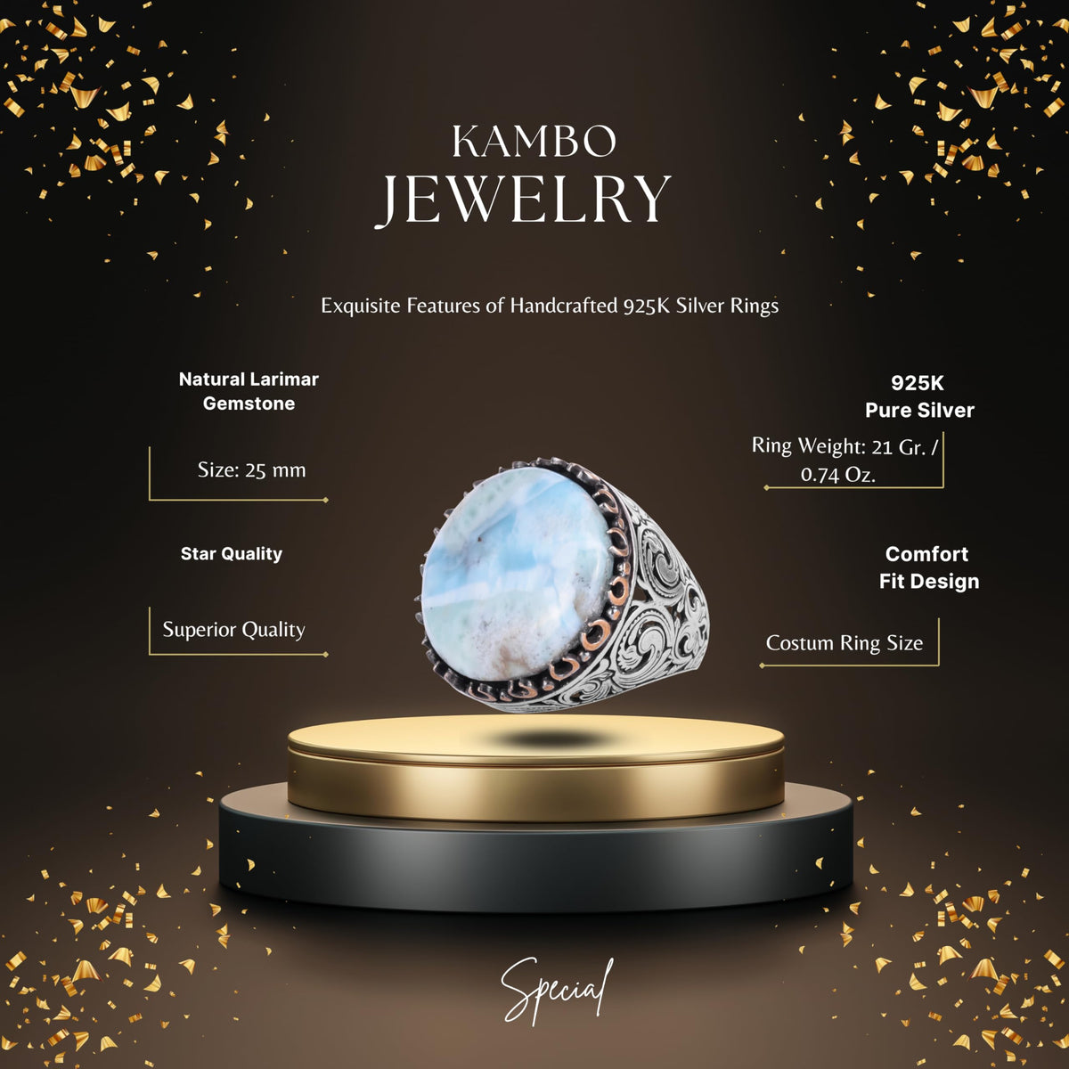 KAMBO Natural Stone Round Large Men's Ring – 925 Sterling Silver Handmade Ring – Statement Ring – Vintage Ottoman Style Men's Jewelry (Larimar) — 2