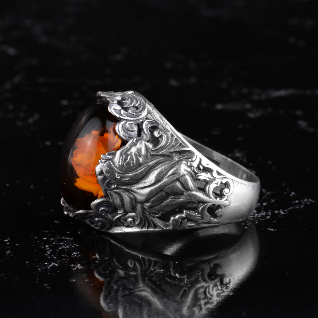 KAMBO Natural Stone Men's Ring 925 Sterling Silver - Large Flower Engraved Statement Ring - Handmade Vintage Ring for Men (Rose Amber) — 6