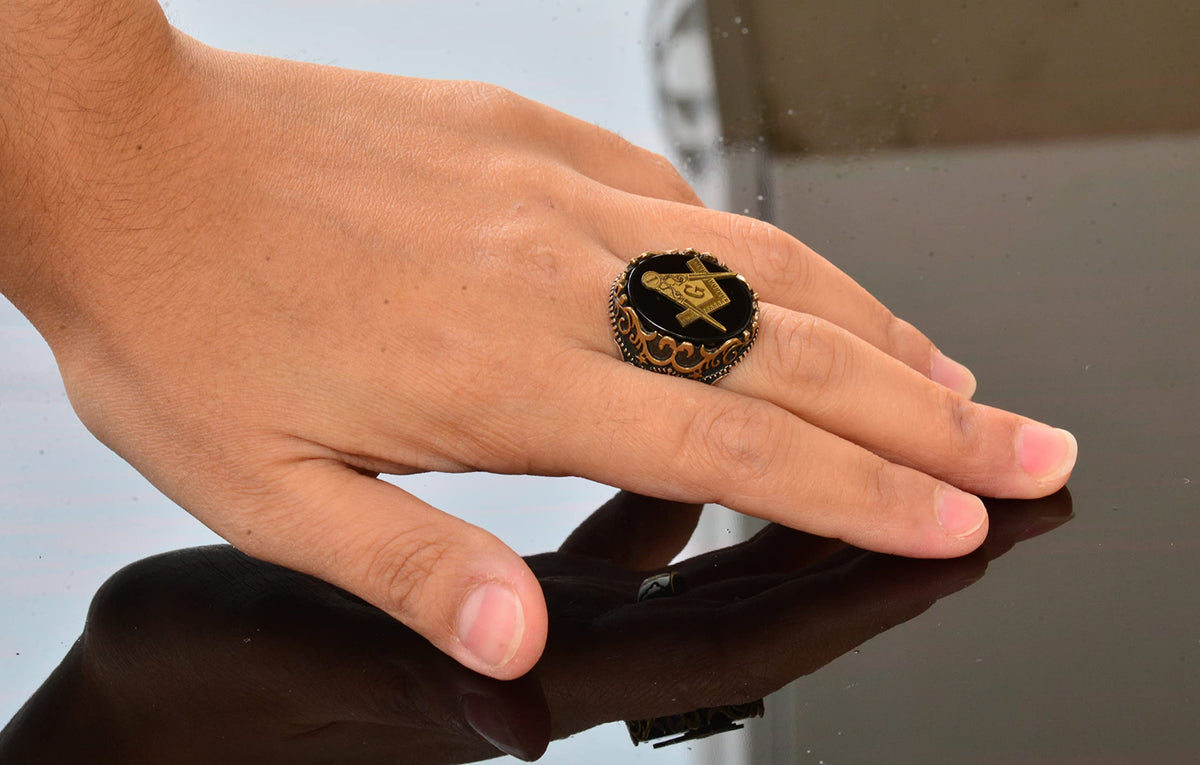 Natural Obsidian Gemstone Ring - 925 Sterling Silver Ring - Seal Ring (Masonic) — 6