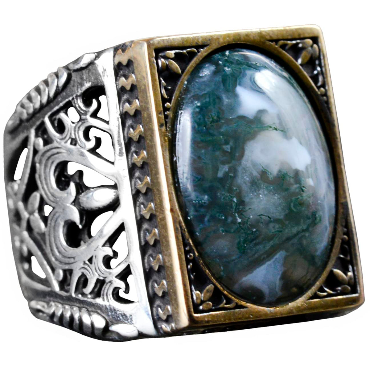 Natural Mossy Agate Stone Ring - 925 Sterling Silver