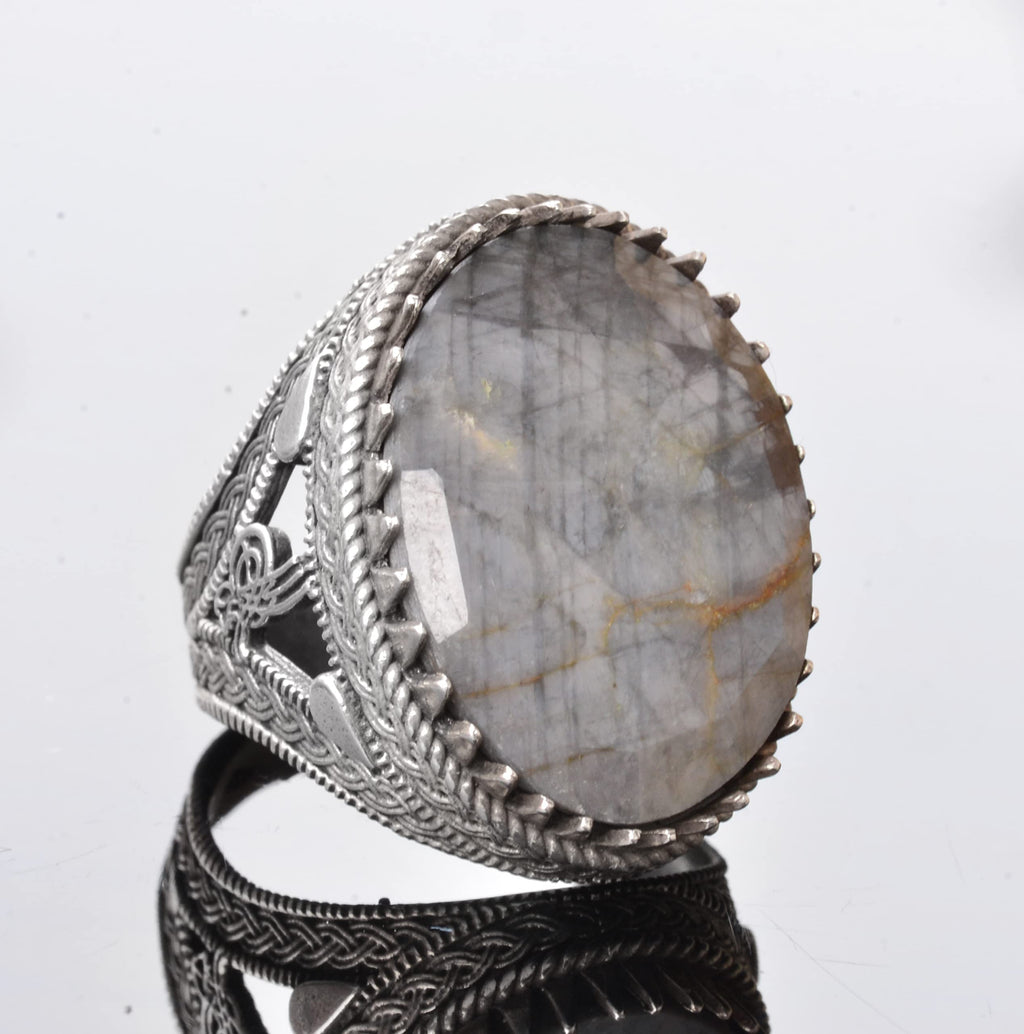 925 Sterling Silver Men's Ring with Natural Labradorite Stone - Detailed Ethnic Design - Handmade Silver Ring — 3