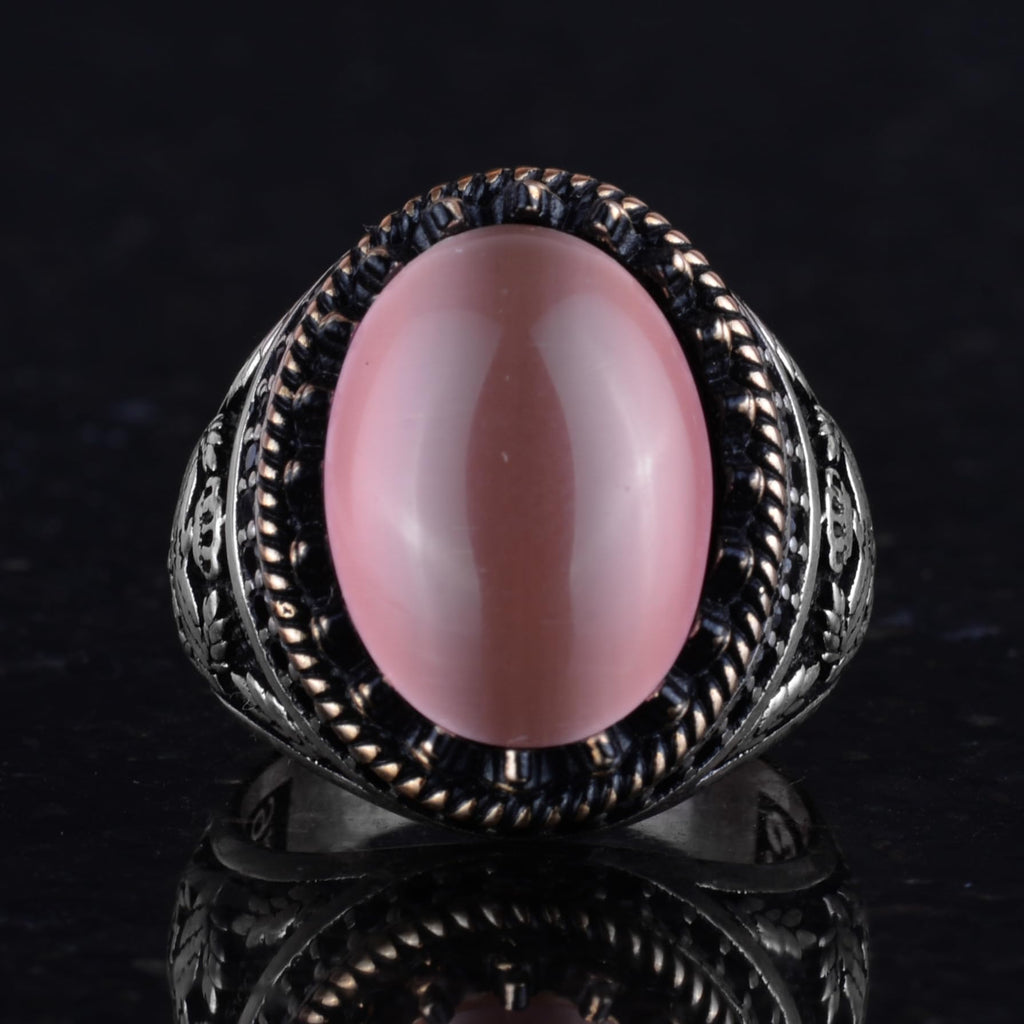 KAMBO 925 Sterling Silver Men's Ring, Created Stone Ring, Eagle Symbol Ring, Handmade Ring (Created Pink Cat's Eye) — 4
