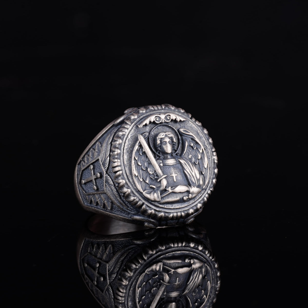 KAMBO 925 Sterling Silver Archangel Ring – Handmade Religious Men's Ring – Sword-Wielding Angel Protection Symbol Jewelry — 6