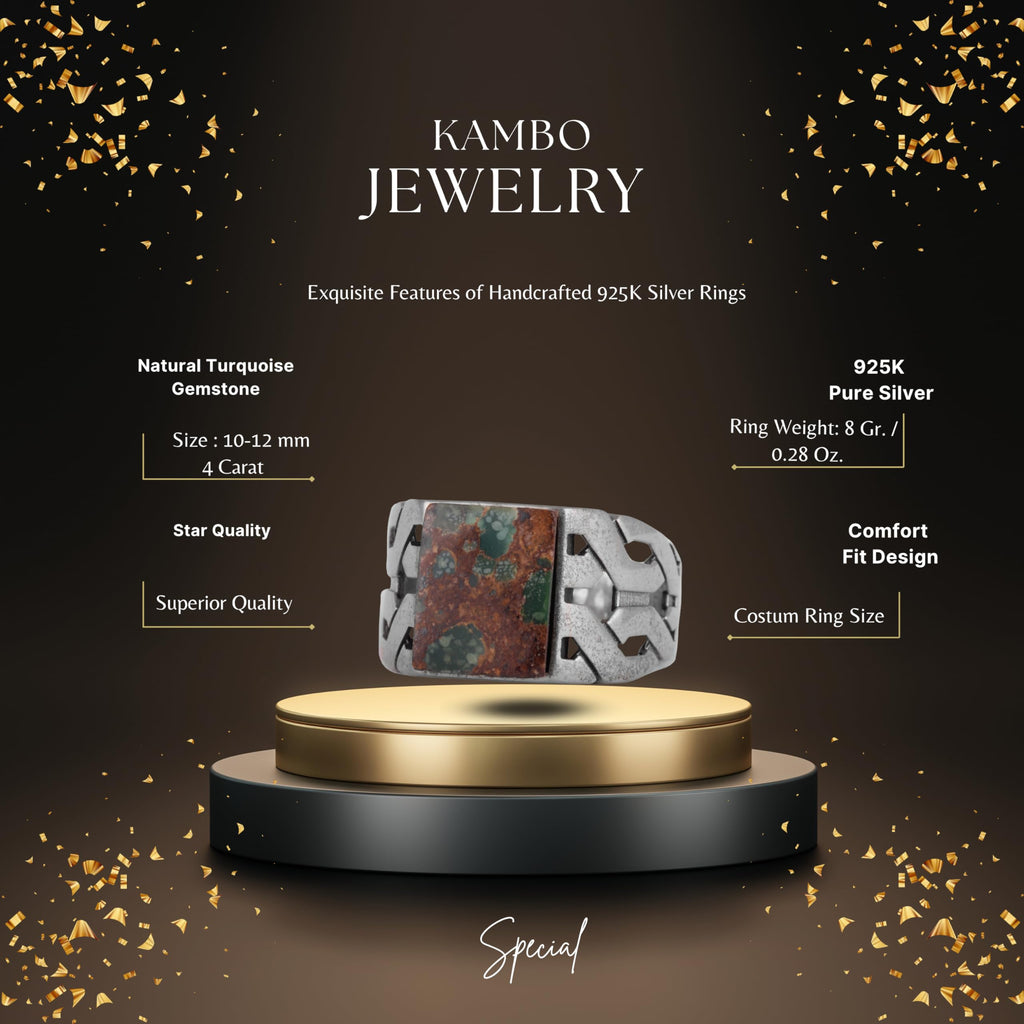 KAMBO Natural Turquoise Stone Rectangular Men's Ring – 925 Sterling Silver Handmade Geometric Design Ring (Turquoise-2) — 2