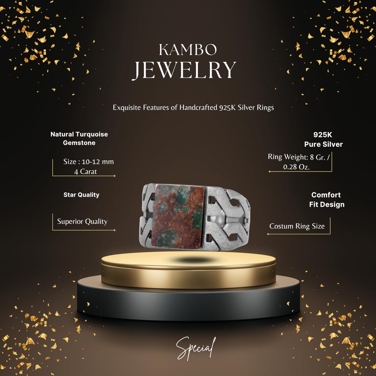 KAMBO Natural Turquoise Stone Rectangular Men's Ring – 925 Sterling Silver Handmade Geometric Design Ring (Turquoise-2) — 2