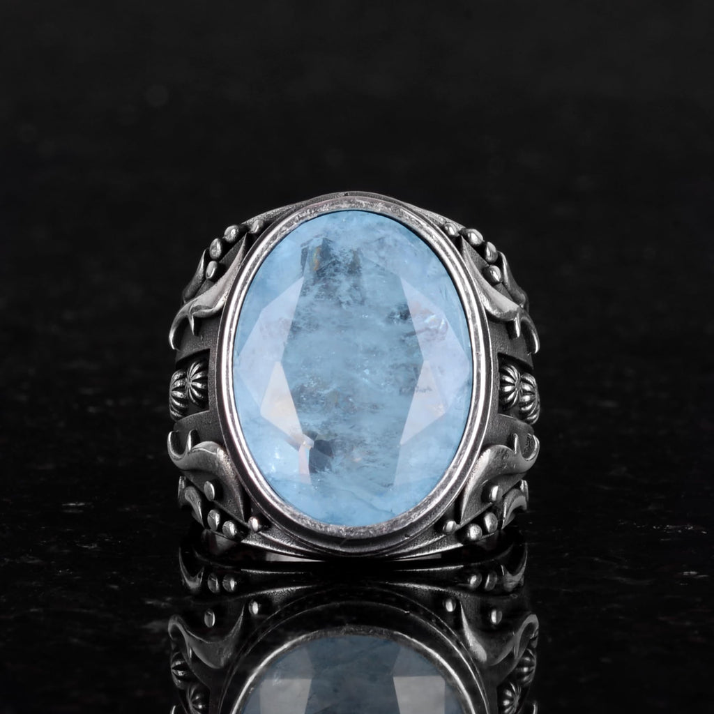 KAMBO Created Stone Ring, 925 Sterling Silver Ring, Designer Silver Men's Ring (Light Blue Paraiba Arranged Stone) — 3
