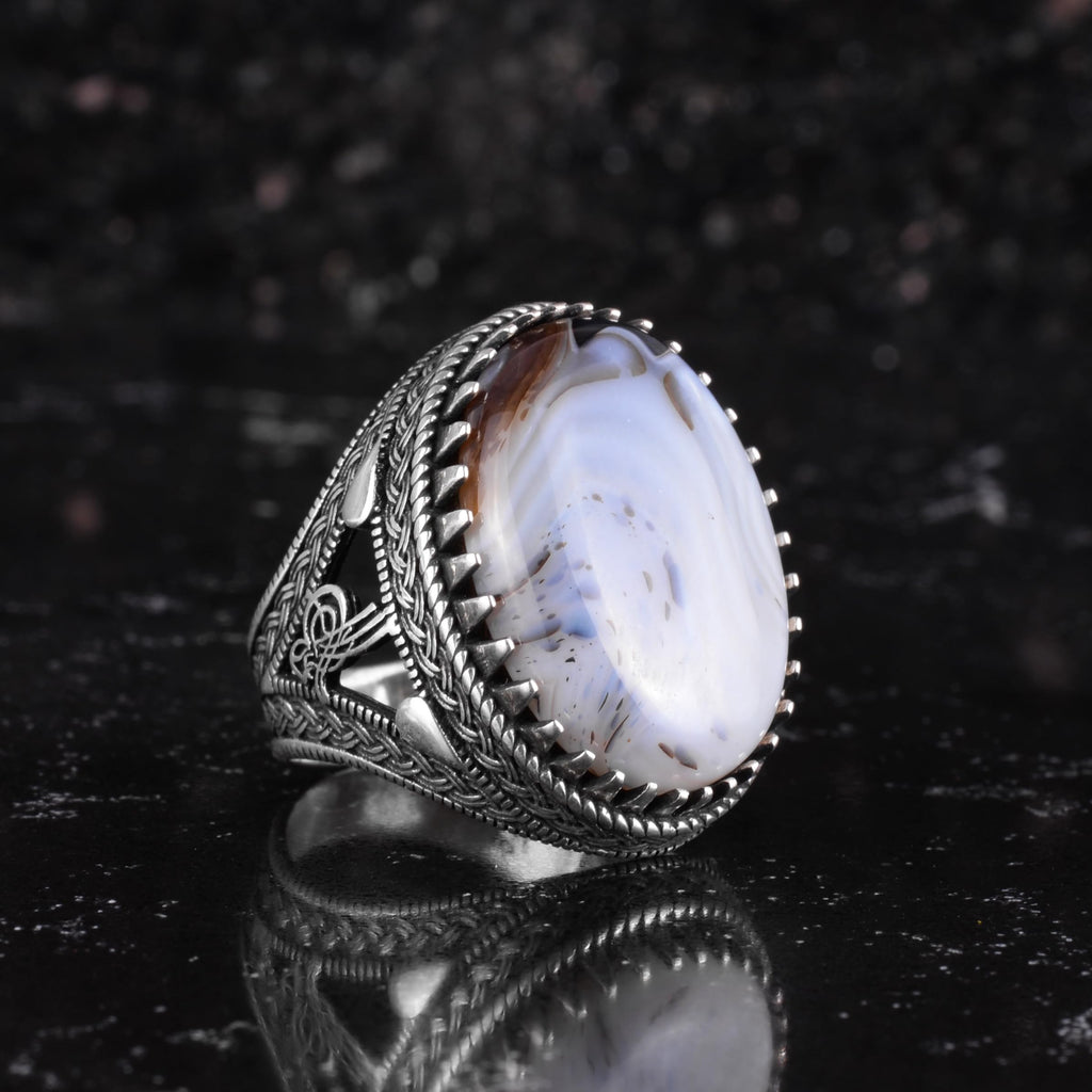 KAMBO Natural Yemen Agate Stone Men's Ring – 925 Sterling Silver Large Statement Ring – Handmade Ottoman Tugra Design Jewelry (Style-6) — 6