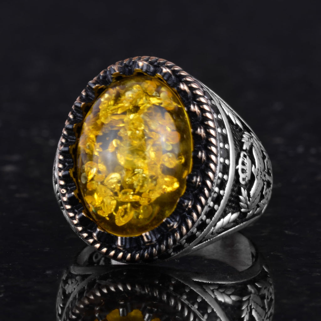 Kambo 925 Sterling Silver Men's Ring – Synthetic Stone Eagle Symbol Handmade Ring (Synthetic Amber) — 6