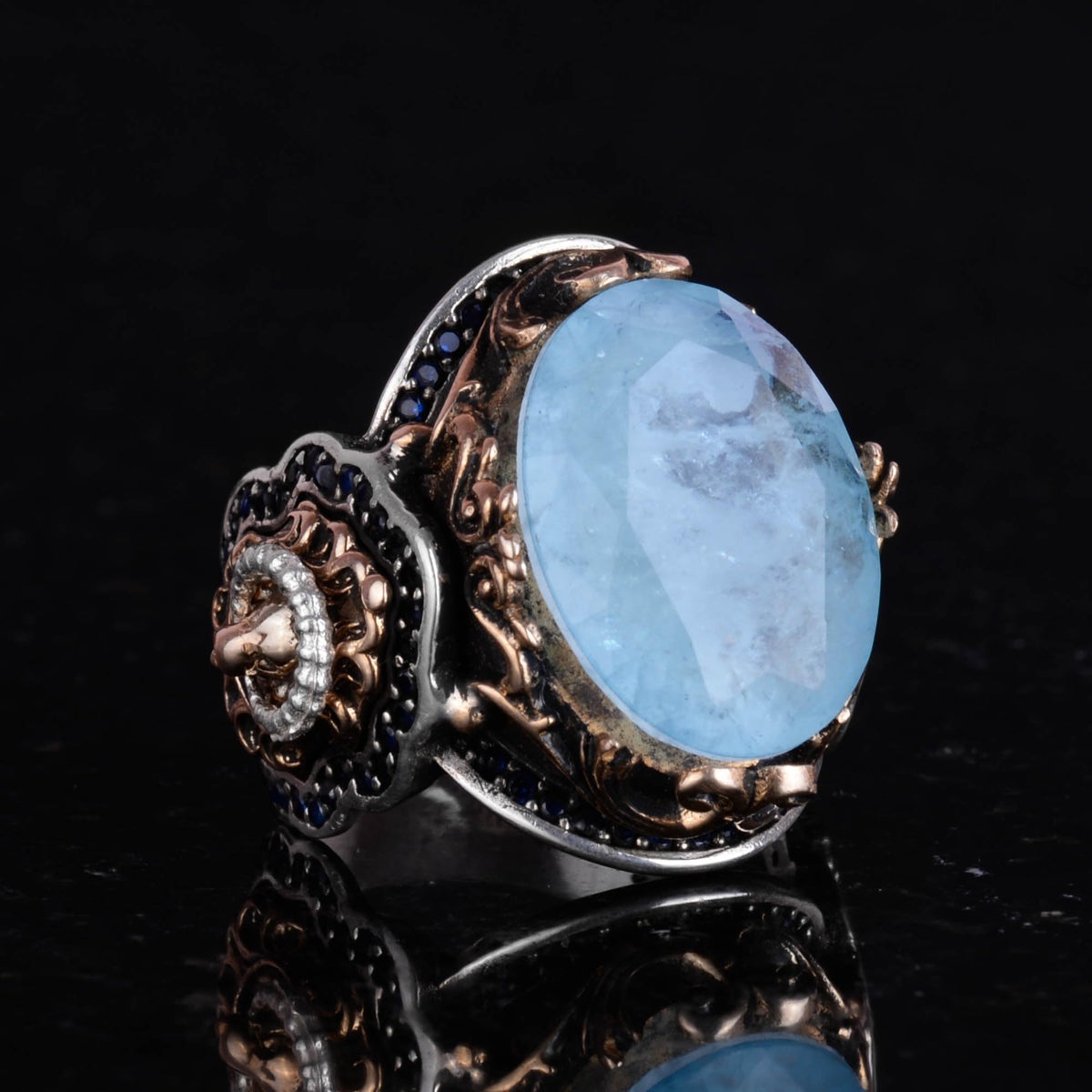 Blue Paraiba Stone Lion Symbol Ring, 925 Sterling Silver — 5