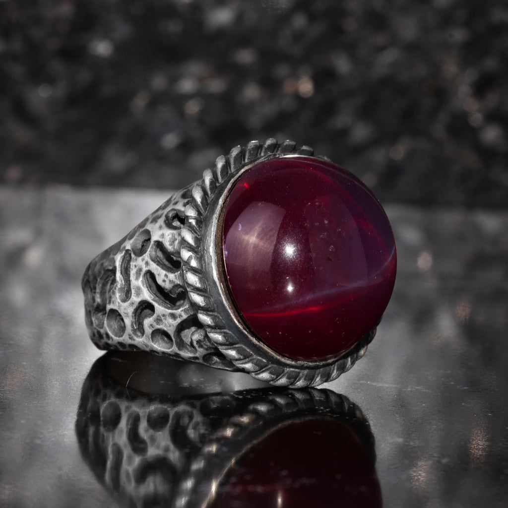KAMBO Star Ruby Men's Ring 925 Sterling Silver – Round Natural Stone Vintage Statement Ring for Men — 6