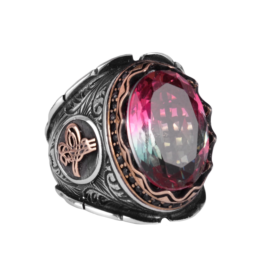 Clear Synthetic Stone Ring, Ottoman Tugra Men's Luxury 925 Sterling Silver Ring